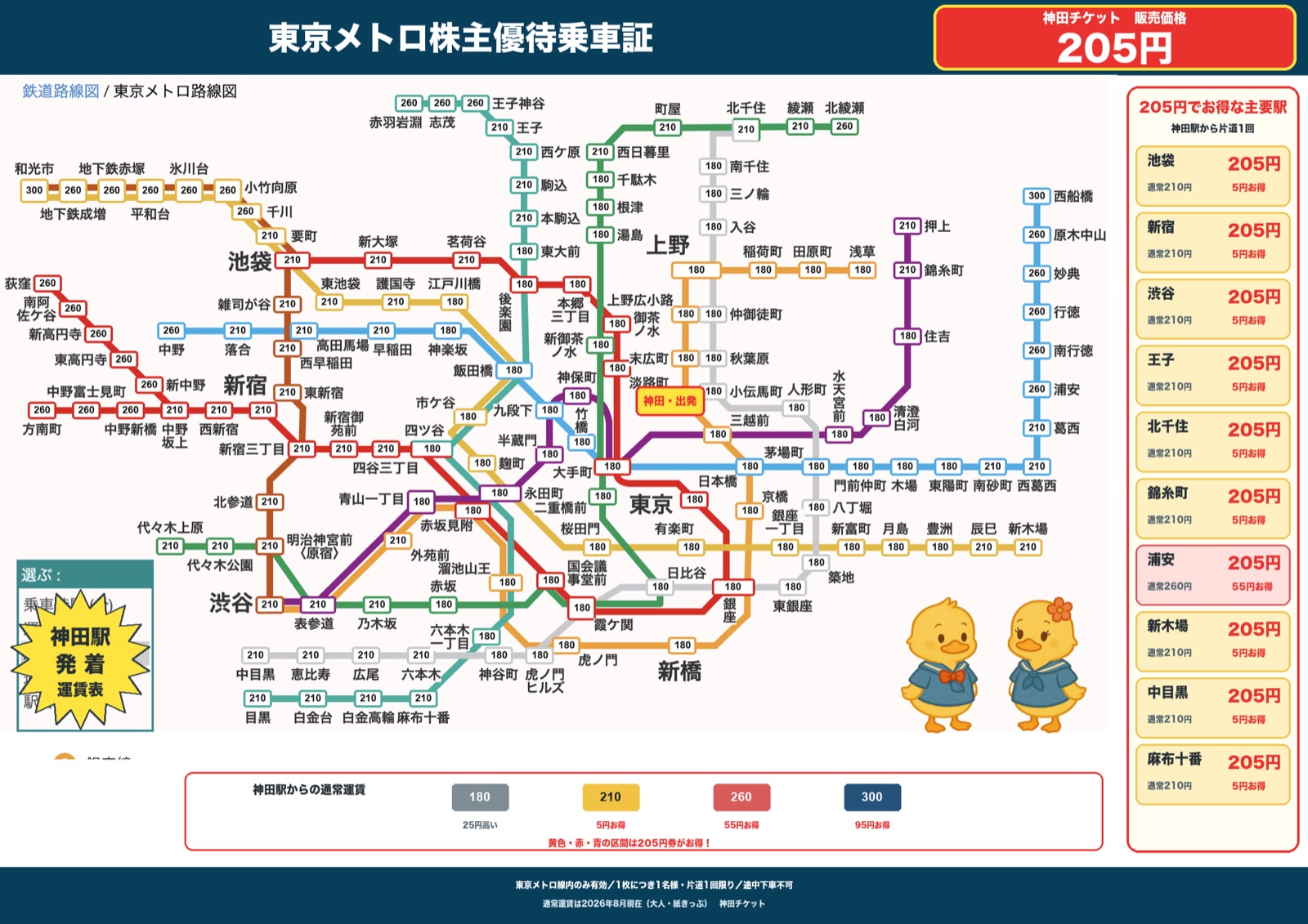 神田駅発着 東京メトロ運賃マップ 205円でお得な区間